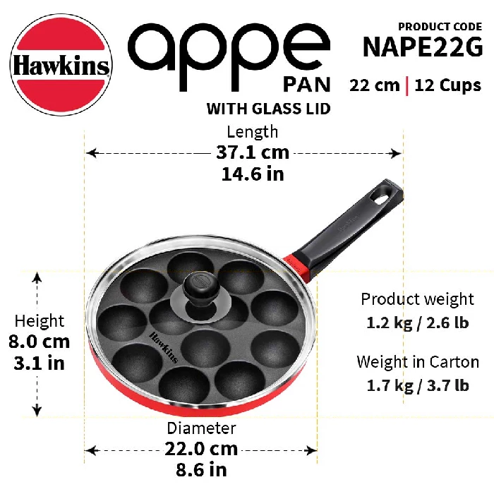 Hawkins Nonstick Appe Pan with Glass Lid, 12 Cups, Diameter 22 cm, Black (NAPE22G), Cast Aluminium, Red-3.webp